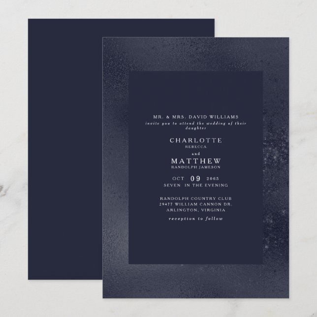 Convite de Casamento Azul Metálico (Frente/Verso)