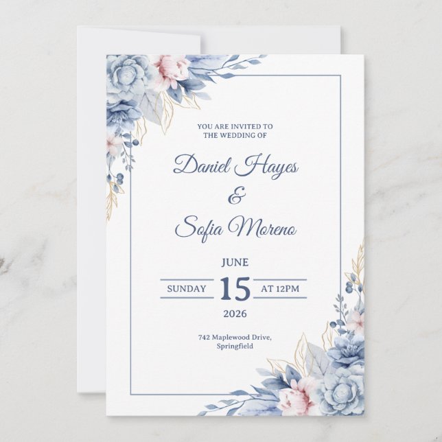 Convite de Casamento Azul Moderno Personalizado (Frente)