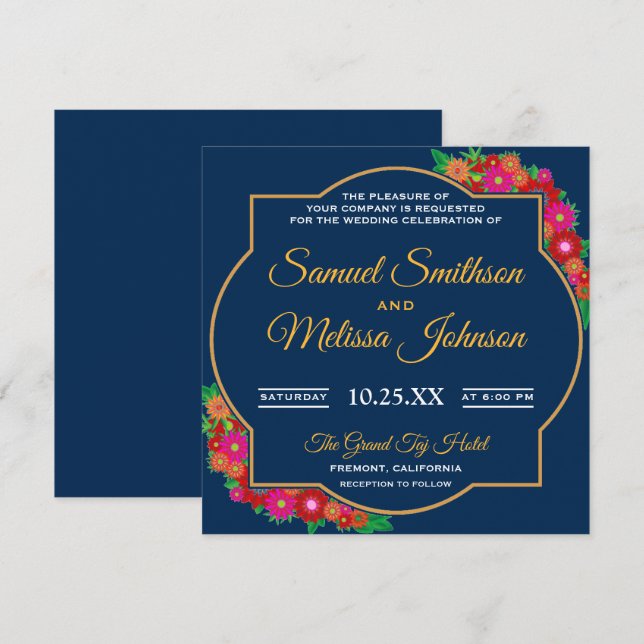 Convite de Casamento Azul Moldura Floral Chic Fanc (Frente/Verso)