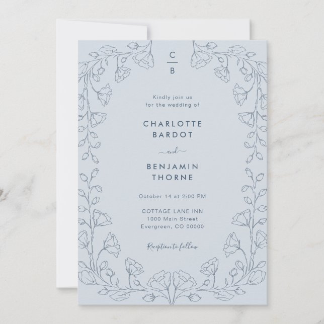 Convite de Casamento Azul Monogramado (Frente)