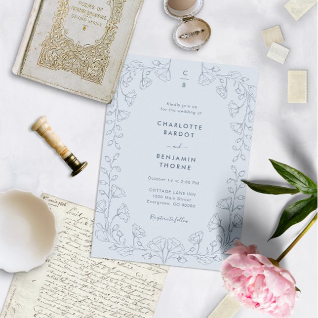 Convite de Casamento Azul Monogramado (Criador carregado)