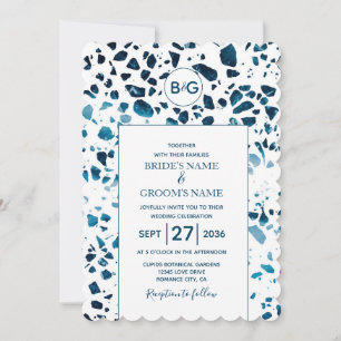 Convite de Casamento Azul Mosaico Terrazzo Abstrat