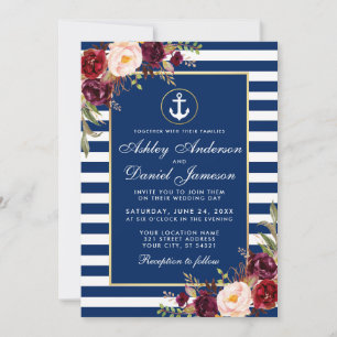 Convite de casamento azul náutico com listras burg