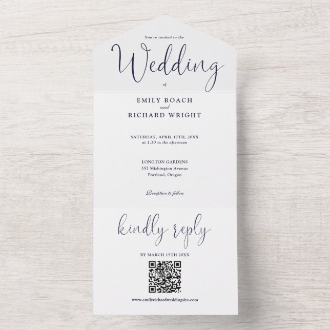 Convite de Casamento Azul Naval Código QR Minimali (Interno)