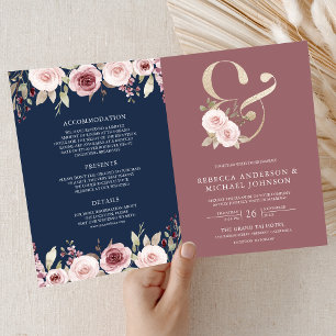 Convite de Casamento Azul Naval com Código QR Flor