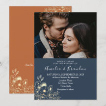 Convite de Casamento Azul Naval com Renda Dourada
