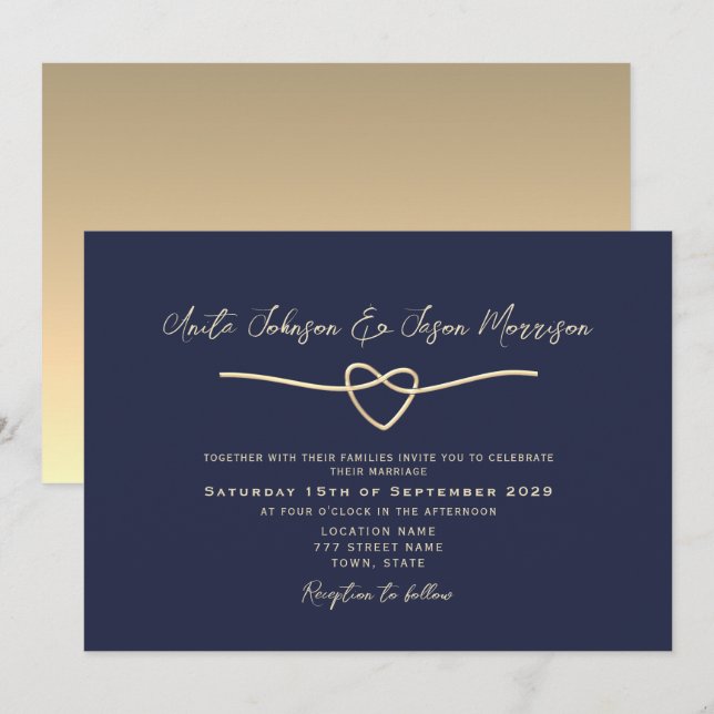 Convite de Casamento Azul Naval Dourado Minimalist (Frente/Verso)