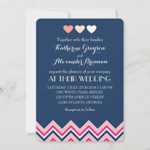 Convite de Casamento Azul Naval e Rosa com Chevron