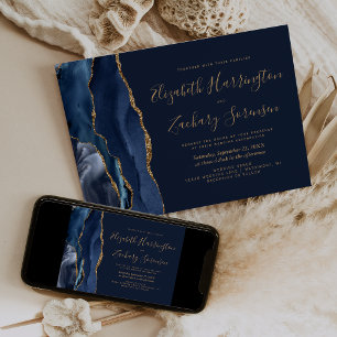 Convite de Casamento Azul Naval Elegante com Ágata
