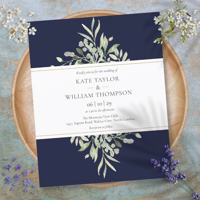 Convite de Casamento Azul Naval Verdejante Econômi (Budget Greenery Navy Blue Wedding Invitation)