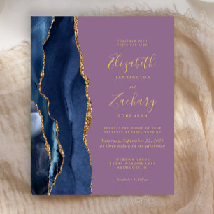 Convite de Casamento Azul Navy com Ágata Dourada e
