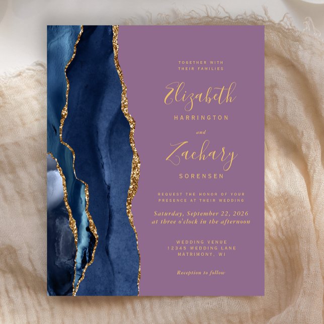 Convite de Casamento Azul Navy com Ágata Dourada e (Criador carregado)