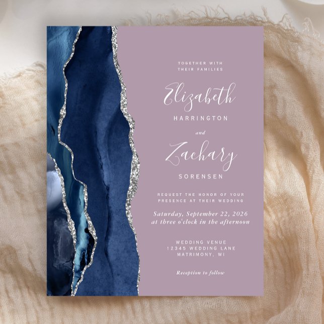 Convite de Casamento Azul Navy Prata Ágata Mauve O (Criador carregado)
