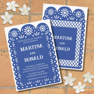 Convite de casamento azul papel picado mexicano