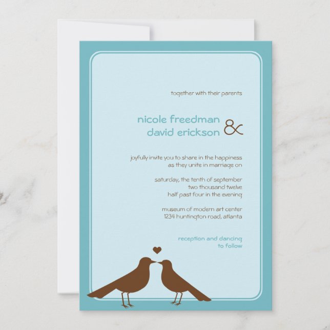 Convite de casamento azul para aves amadas contemp (Frente)