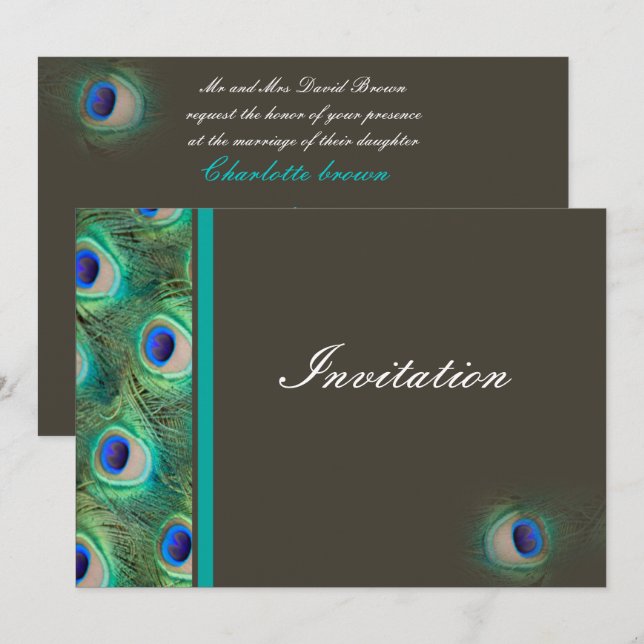 convite de casamento azul para mocha do pavão eleg (Frente/Verso)