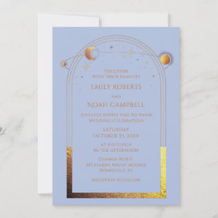 Convite de Casamento Azul Pastel Dourado Sol Lua F
