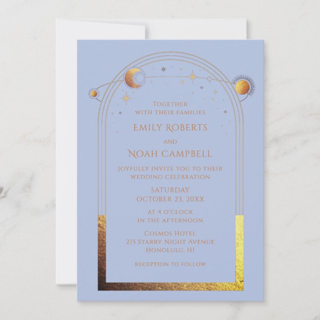 Convite de Casamento Azul Pastel Dourado Sol Lua F (Frente)