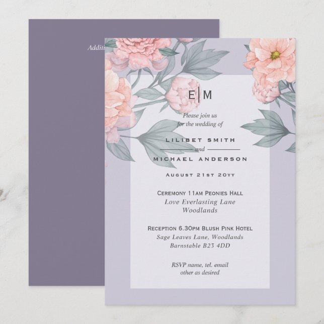 Convite de Casamento Azul Peônias Tomate Cereja Re (Frente/Verso)