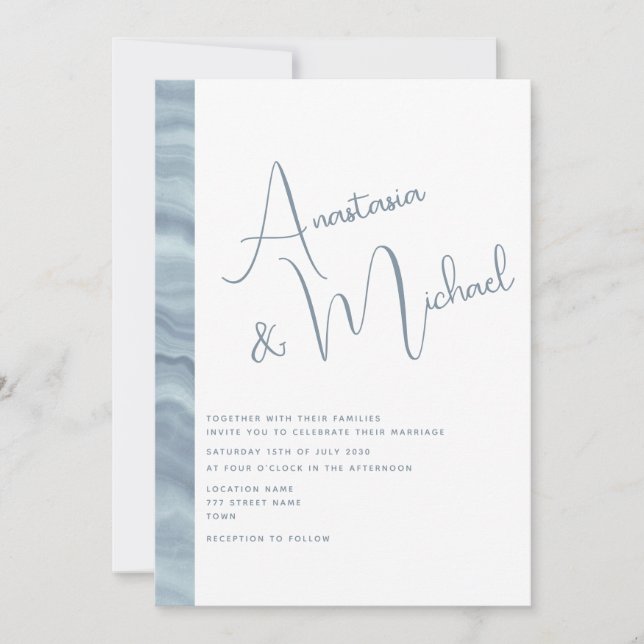 Convite de Casamento Azul Poeira Minimalista Elega (Frente)