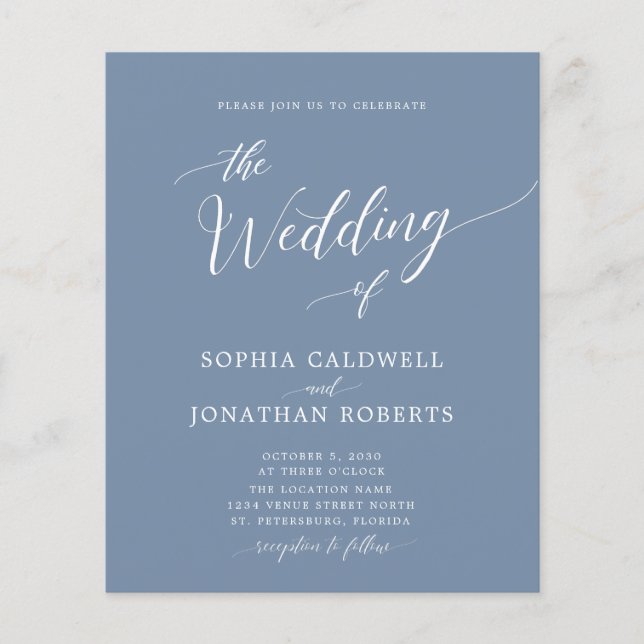 Convite de Casamento Azul Poeira Tudo em Um Orçame (Frente)