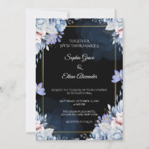 Convite de Casamento Azul Poeirento Floral Azul Ma