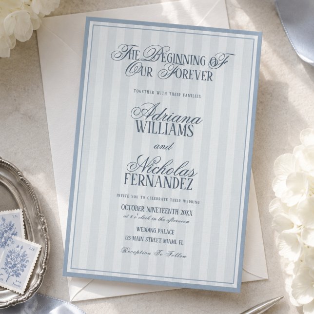 Convite de Casamento Azul Poeirento Listrado (Criador carregado)