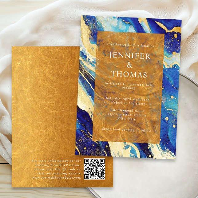 Convite de Casamento Azul Real Dourado Com Código  (Criador carregado)