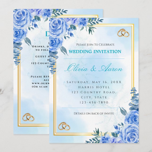 Convite de Casamento Azul Real e Dourado (Frente/Verso)
