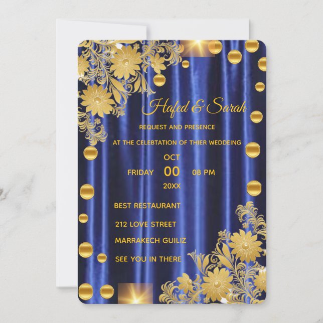 Convite de Casamento Azul Real e Dourado, Casament (Frente)
