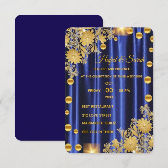Convite de Casamento Azul Real e Dourado, Casament (Frente/Verso)