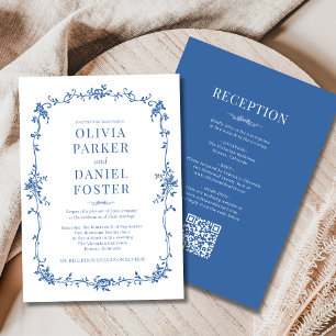 Convite de Casamento Azul Real Tudo em Um com QR C