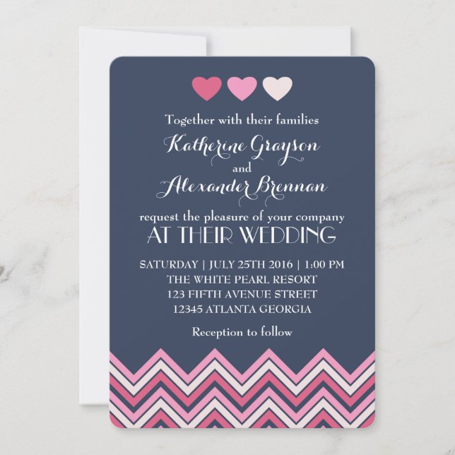 Convite de Casamento Azul Rosa Quente Chevron Amor (Frente)