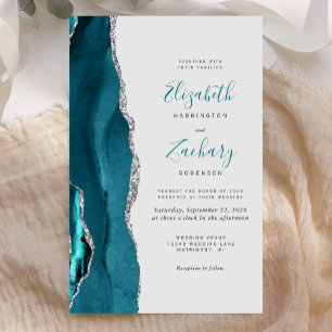 Convite de Casamento Azul Teal Prata Agata Cinza O