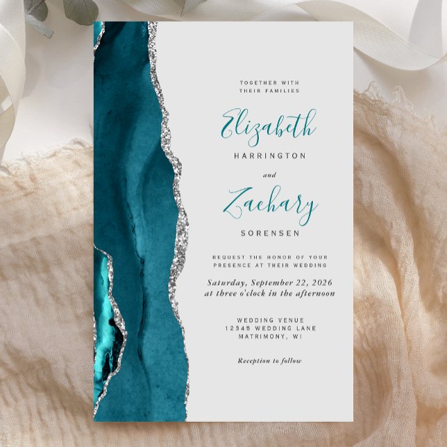 Convite de Casamento Azul Teal Prata Agata Cinza O (Criador carregado)