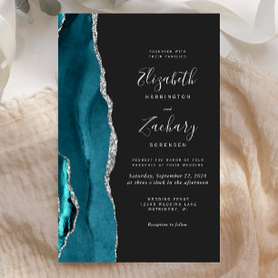 Convite de Casamento Azul Teal Prata Ágata Escuro