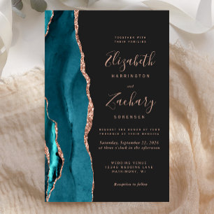 Convite de Casamento Azul Turquesa Rosa Dourado Ág