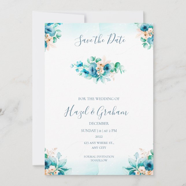 Convite de Casamento Azul Turquesa Save the Date (Frente)