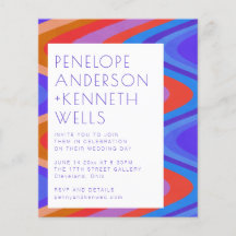 Convite de Casamento Azul Vermelho com Linhas Curv