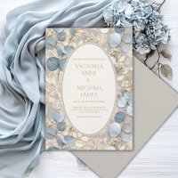 Convite de Casamento Azul Vintage Eucalipto Elegan