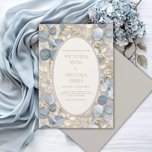 Convite de Casamento Azul Vintage Eucalipto Elegan