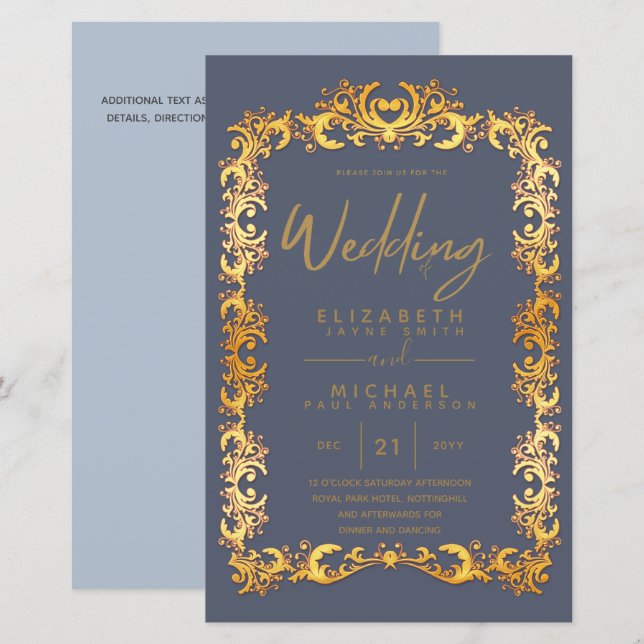 Convite de Casamento Baixo Orçado Vintage Dourado  (Frente/Verso)