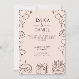 Convite de Casamento Balão Bolo Arte Linha Marrom