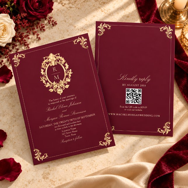 Convite de Casamento Barroco em Dourado e Borgonha (Criador carregado)