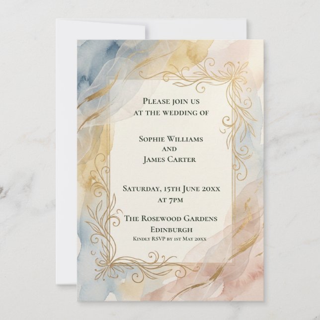 Convite de Casamento Barroco em Dourado Pastel (Frente)