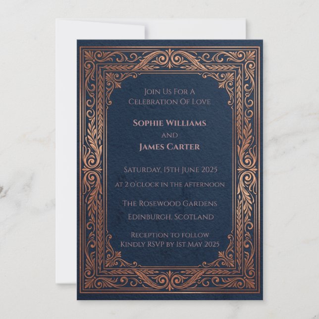 Convite de Casamento Barroco Navy Cobre (Frente)