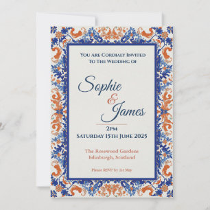 Convite de Casamento Barroco Ornamentado Azul Vint