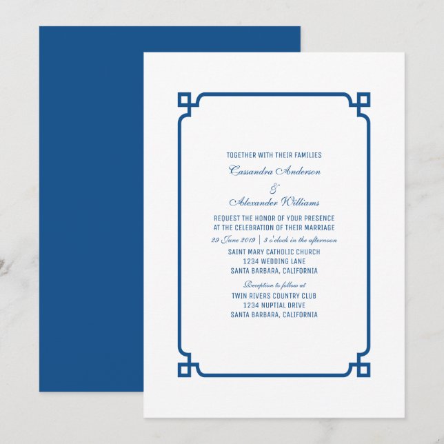 Convite de casamento Básico de Deco Azul (Frente/Verso)