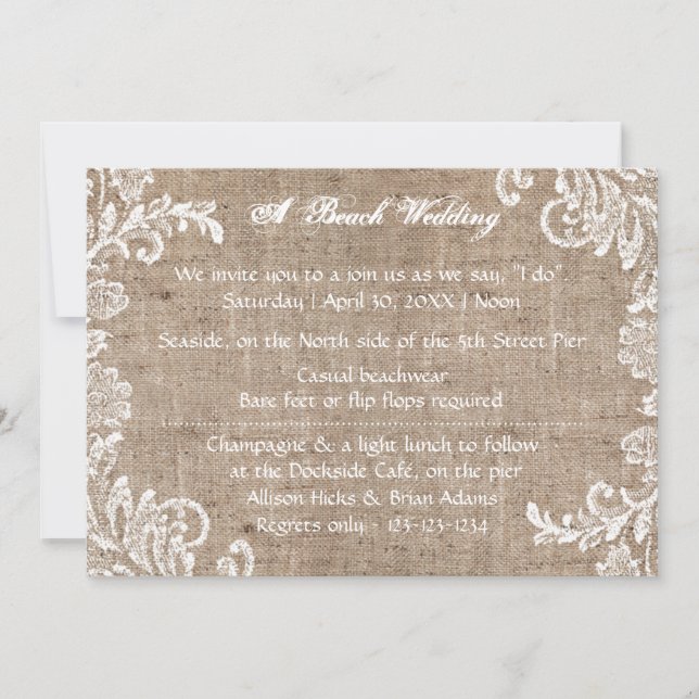 Convite de Casamento Beach Burlap & Lace (Frente)