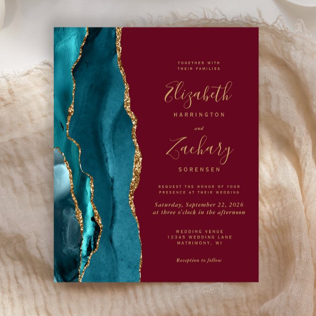 Convite de Casamento Bege Teal Ágata Burgundy com  (Criador carregado)